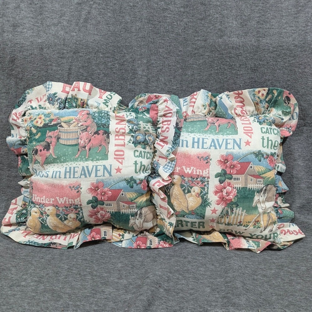 Farmyard Country Kitsch Cottage Core 12" Square Ruffled Accent Pillows Handmade